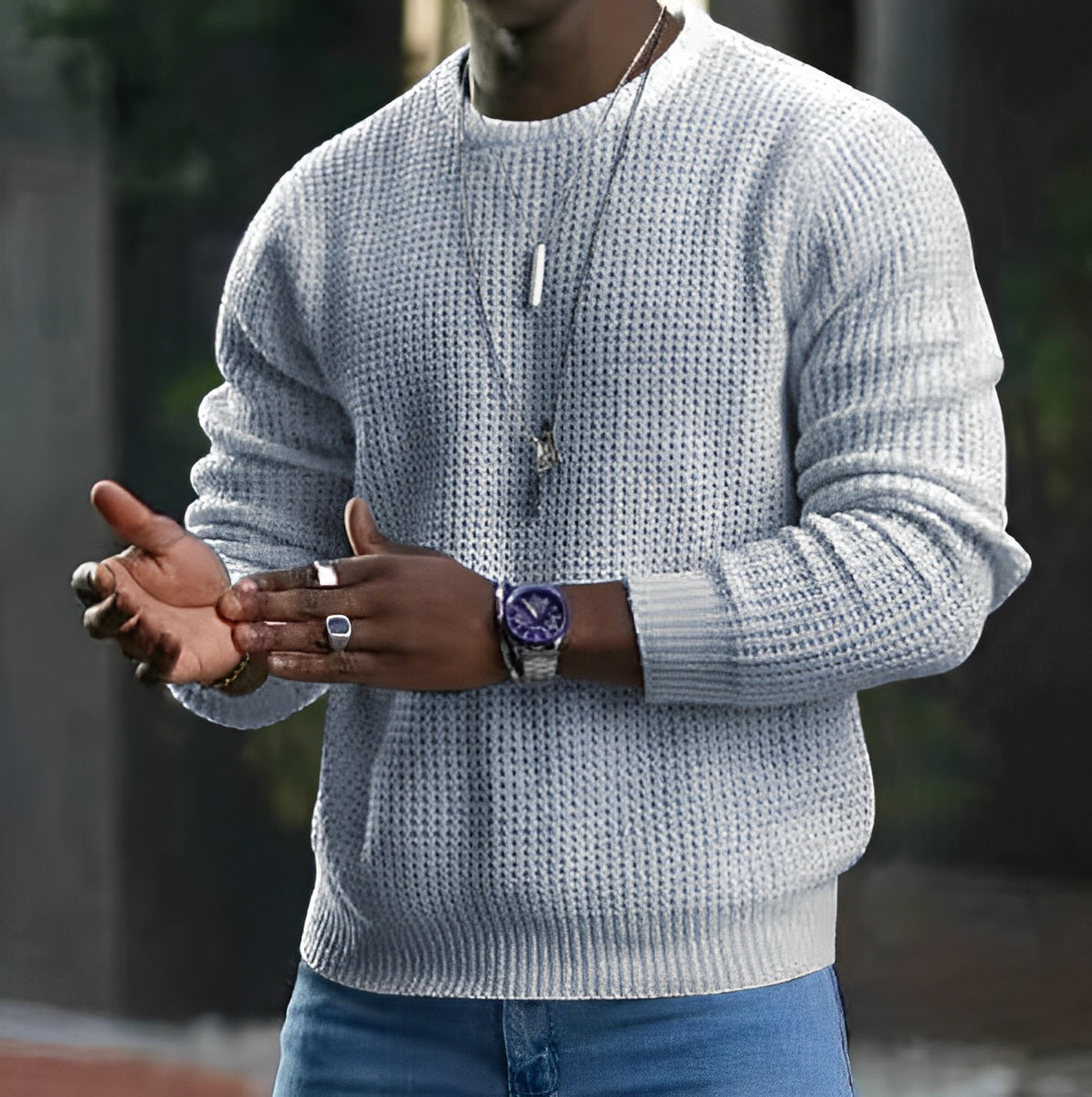 Men's Jumper - Waffle Knit - Round Neck Long Sleeve - Comfortable and Stylish Knitwear