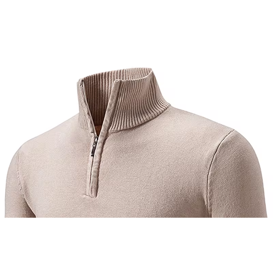 Comfortable knitted pullover with high collar and zip fastening