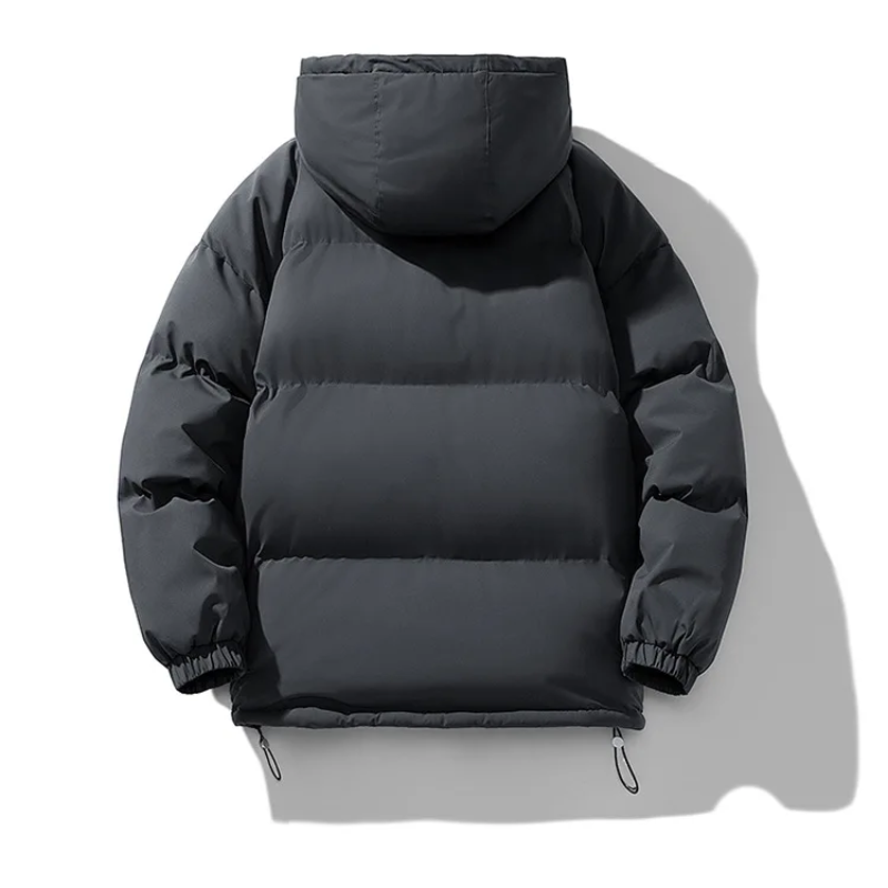 Men's puffer jacket with large hood and adjustable hem