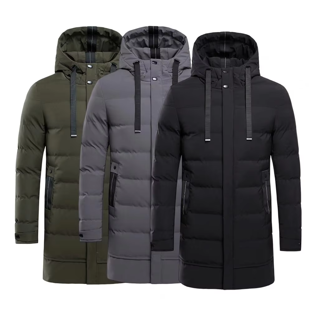 Men's puffer jacket with hood and zip front