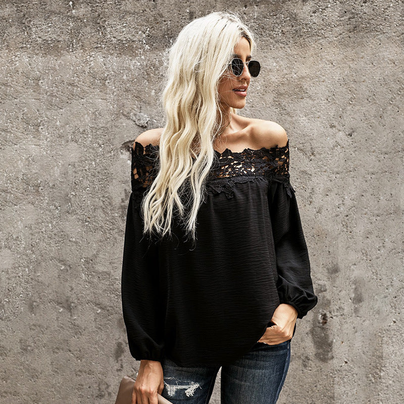 Trendsetting Loose lace sewing one-line neckline blouse