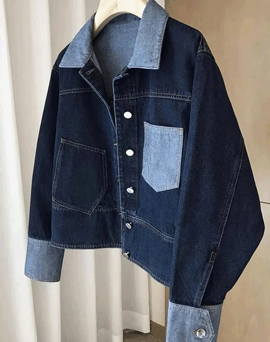 Women - Retro Denim Jacket - Reversible Design with Contrast Colors - Stylish Casual Outerwear