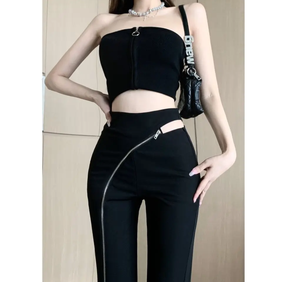 Women's Flared Trousers with Asymmetric Zip and High Waist