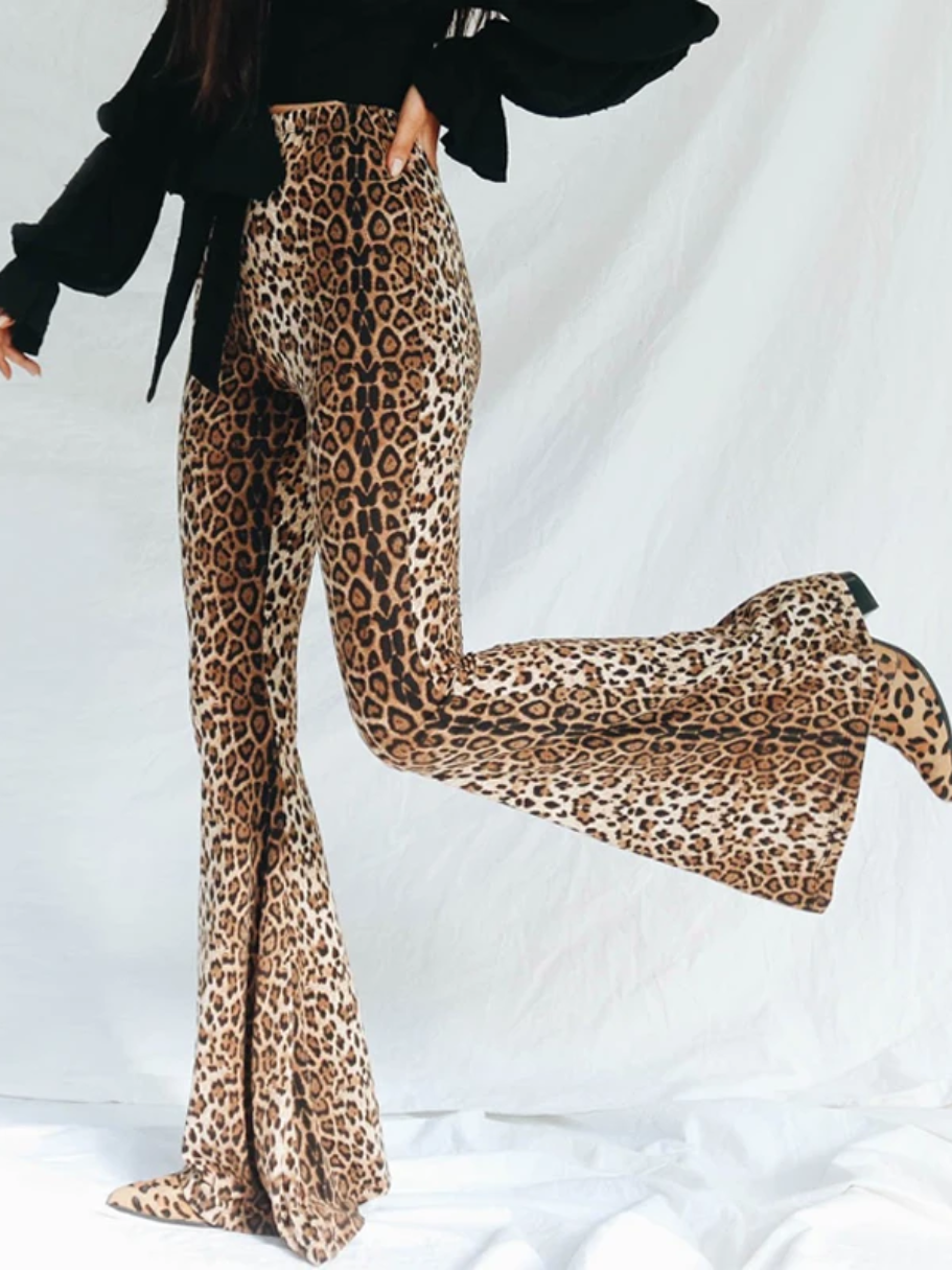 Women's leopard print flared trousers with high waist