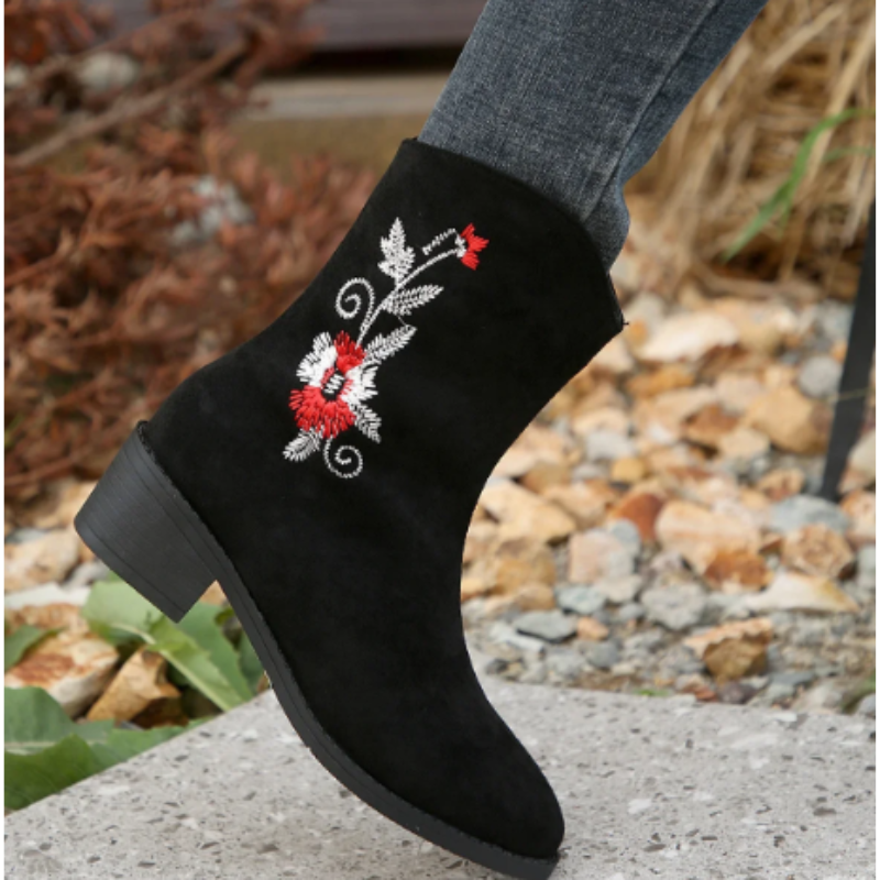 Women's Ankle Boots with Floral Embroidery and Zipper - Women's Ankle Boots