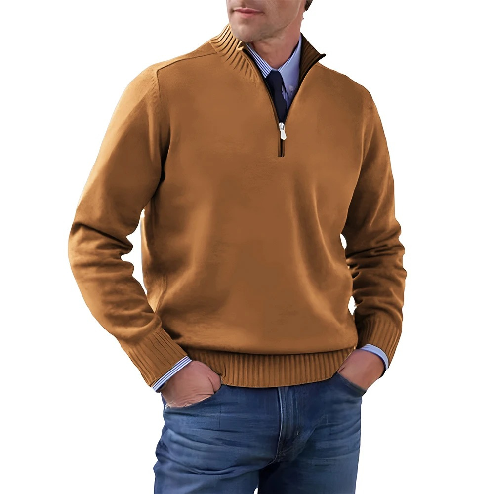 Elegant knitted pullover with zip and stand-up collar