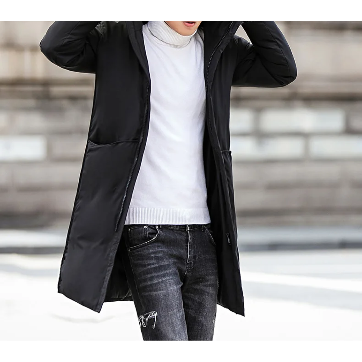 Men's parka winter jacket long cut with hood and pockets