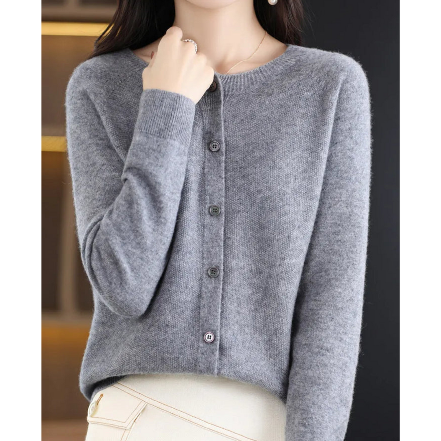 Wool Ladies O-neck Cardigan Cashmere Sweater