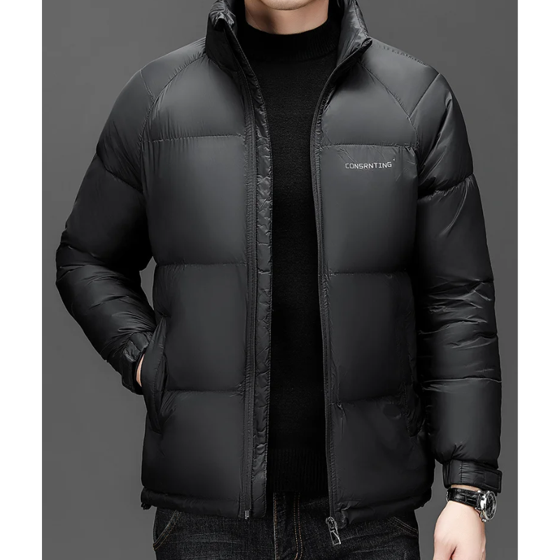 Men's puffer jacket with high collar and logo details