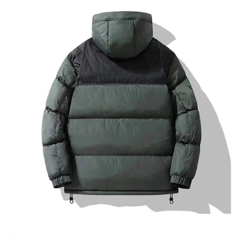 Men's puffer jacket with large hood and zip pockets