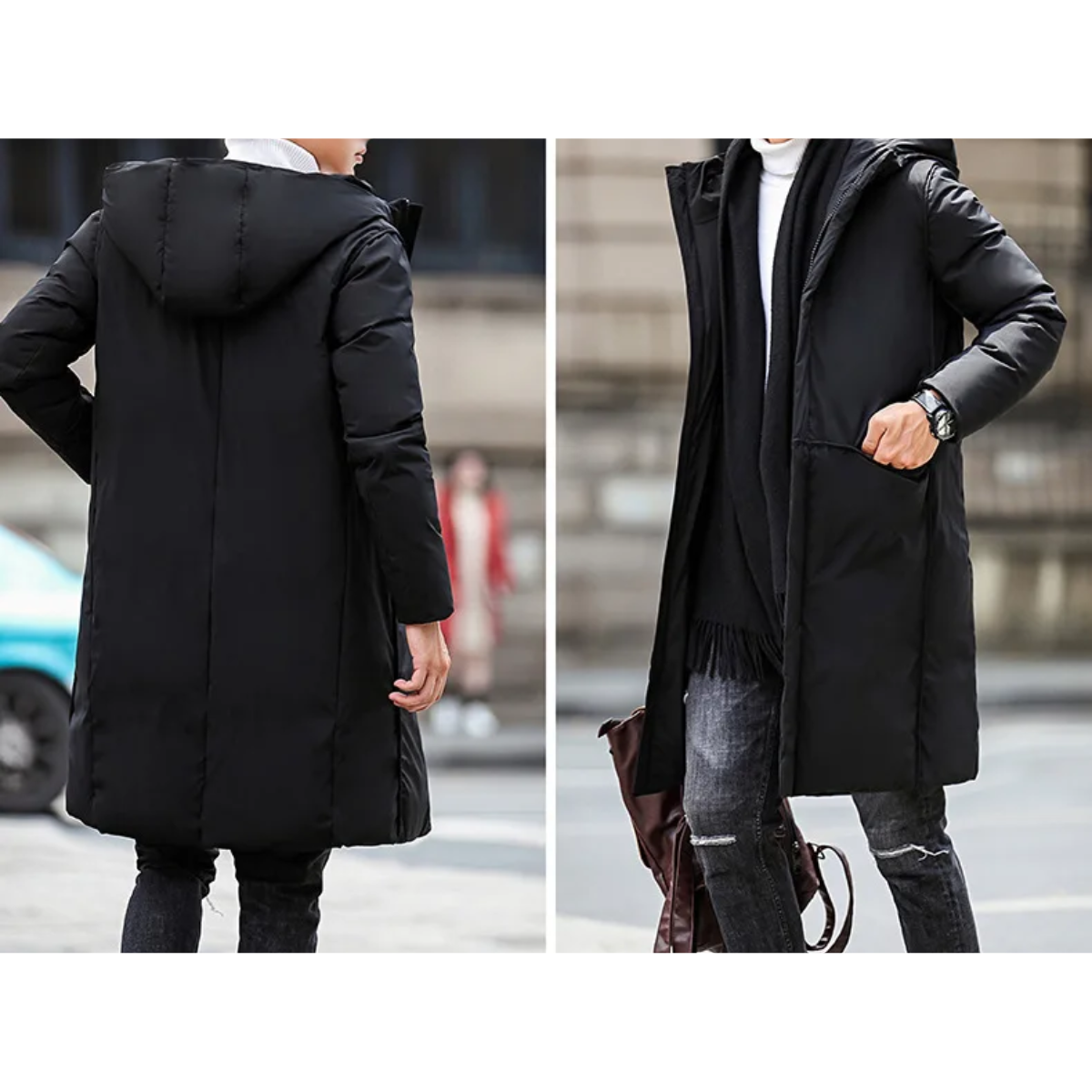 Men's parka winter jacket long cut with hood and pockets