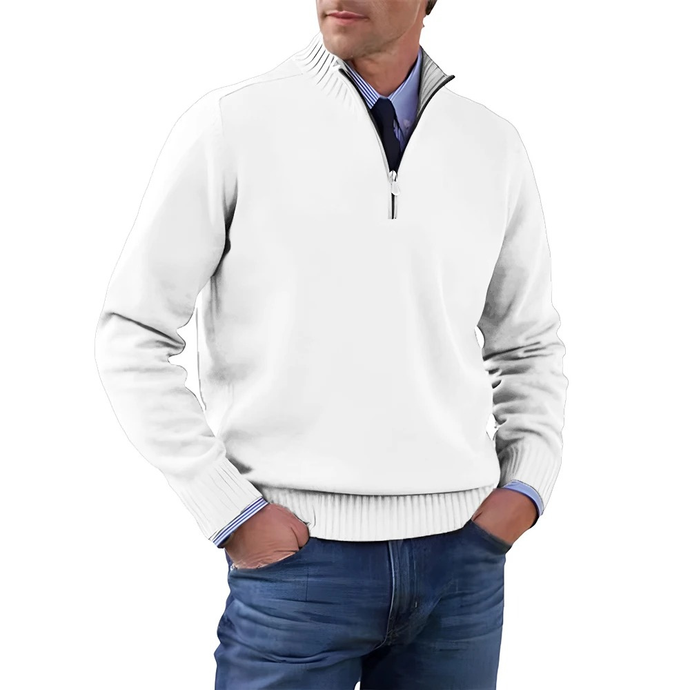 Elegant knitted pullover with zip and stand-up collar