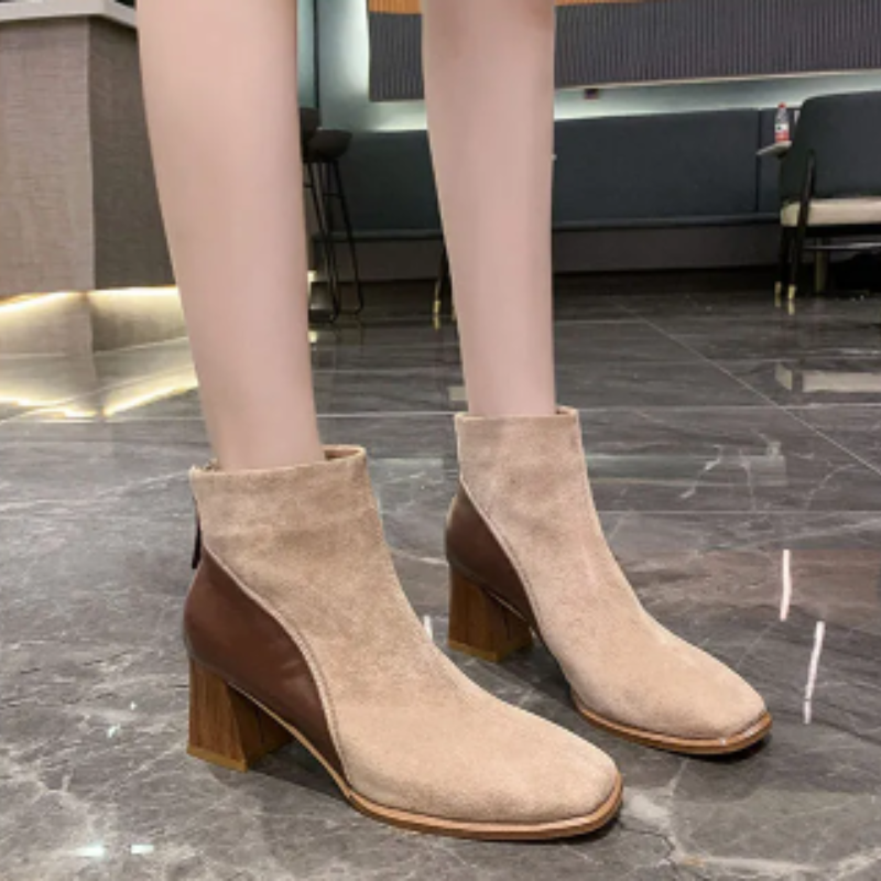 Women's Ankle Boots with Block Heels and Zipper at Side - Women's Ankle Boots