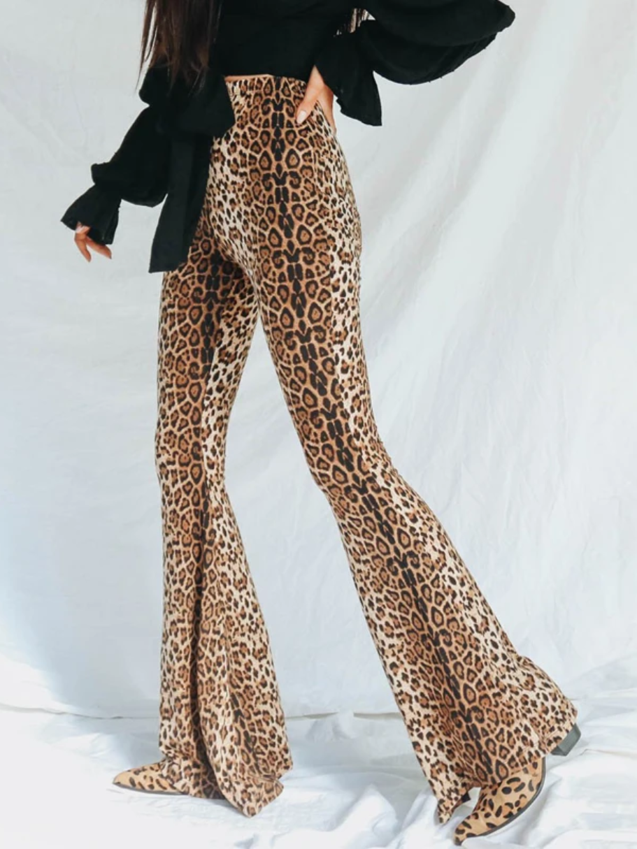 Women's leopard print flared trousers with high waist