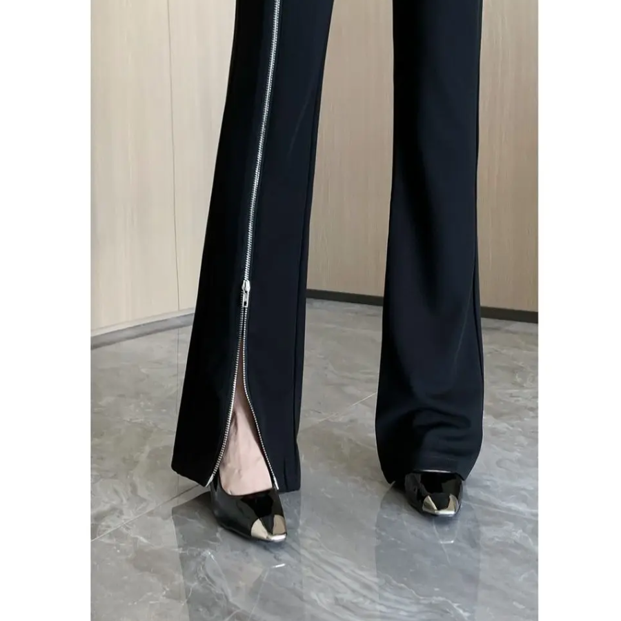 Women's Flared Trousers with Asymmetric Zip and High Waist