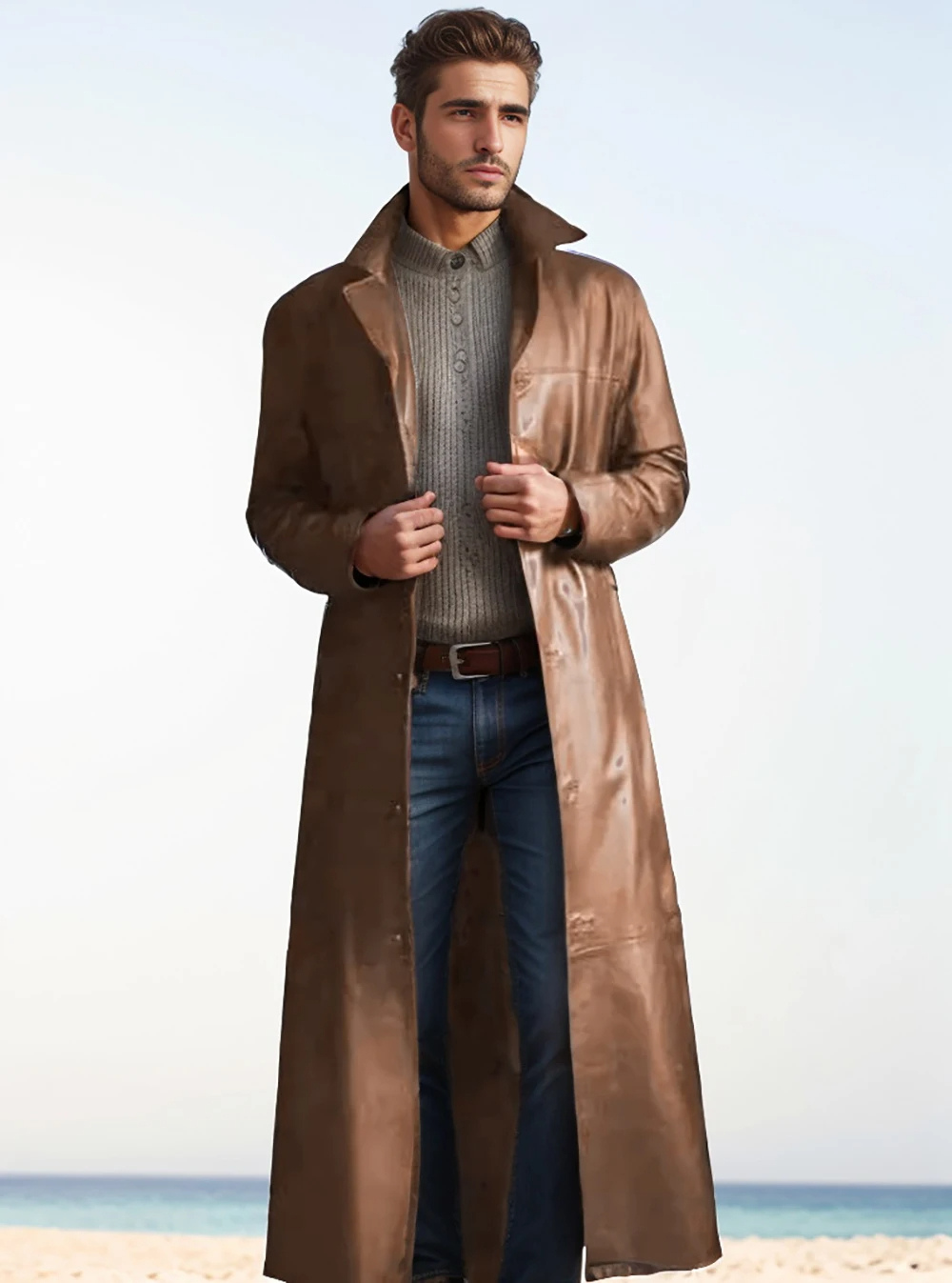 Long leather coat with classic lapels