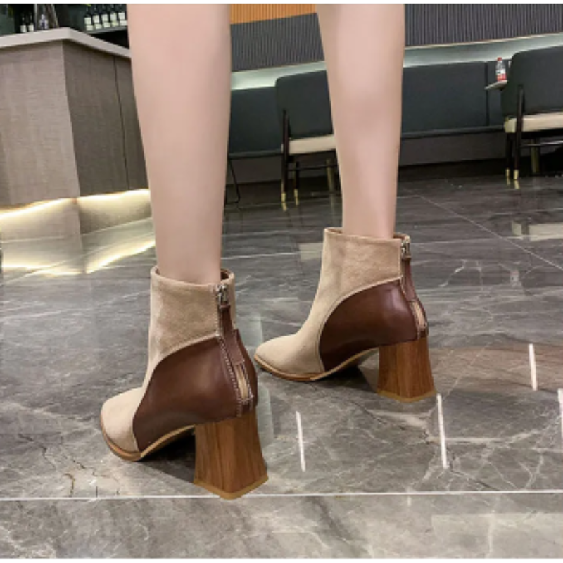 Women's Ankle Boots with Block Heels and Zipper at Side - Women's Ankle Boots