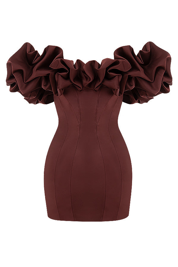 Satin strapless dress with ruffles