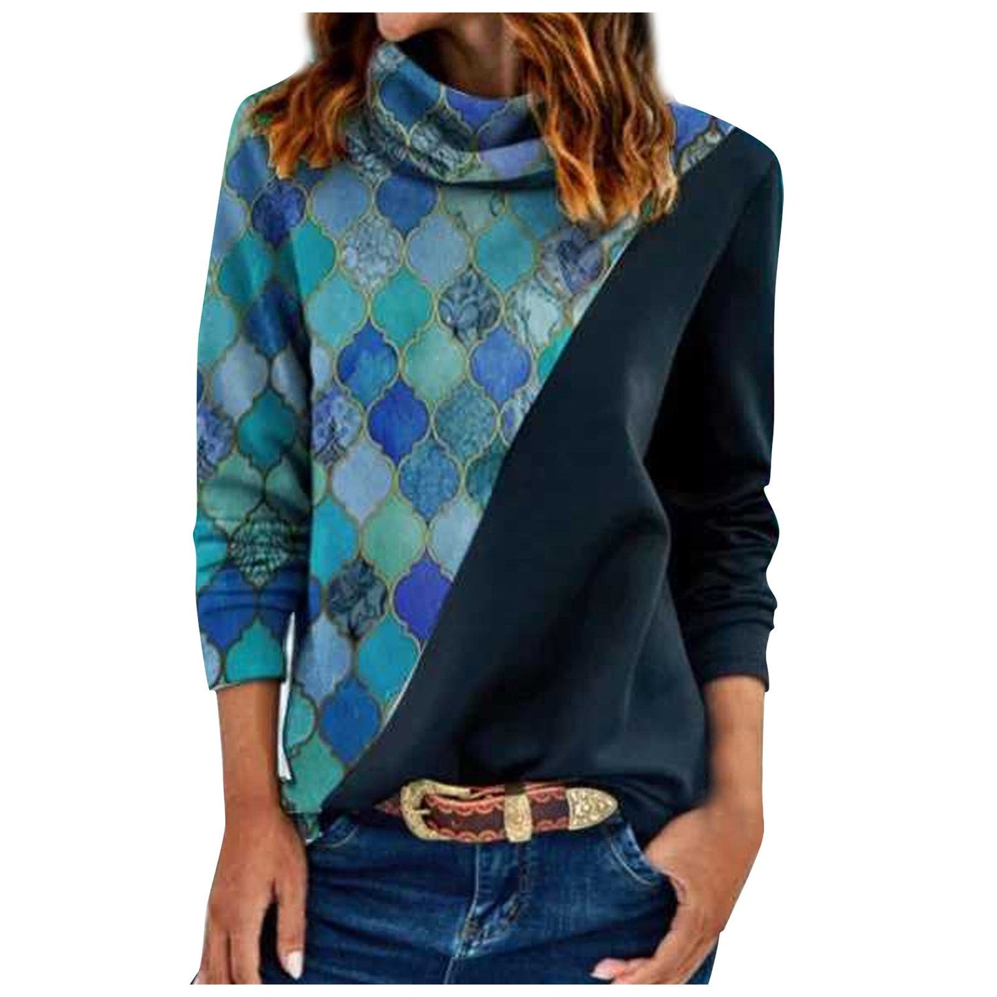 Women's Geometric Design long sleeve blouse with rounded collar