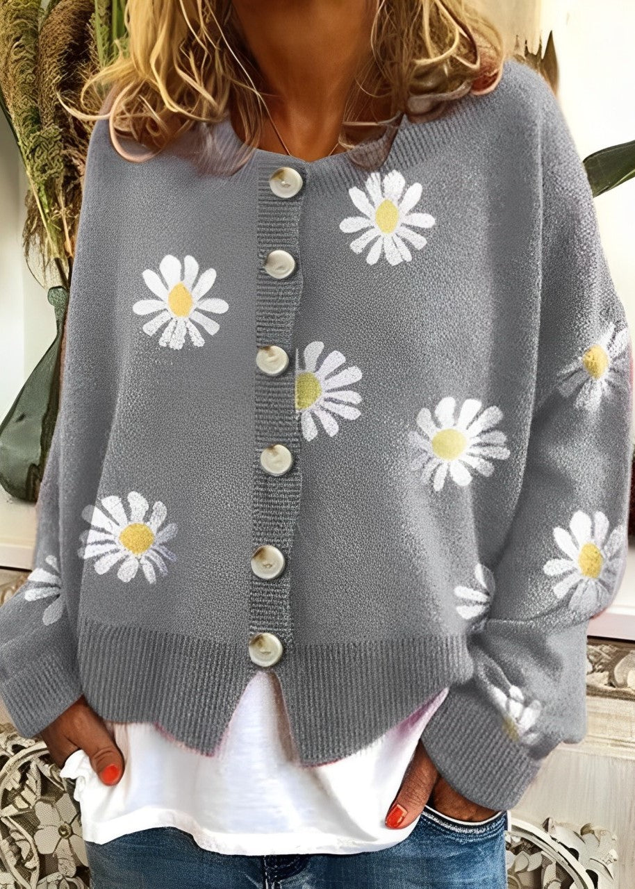 Women - Knitted Jumper - Cozy Floral Pattern with Button Details - Stylish Comfortable Knitwear