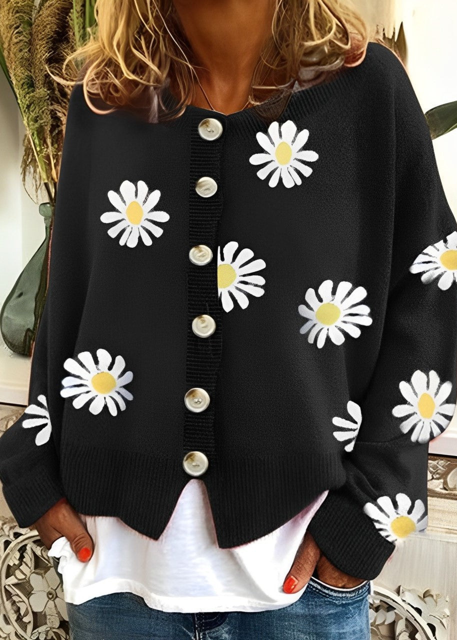 Women - Knitted Jumper - Cozy Floral Pattern with Button Details - Stylish Comfortable Knitwear