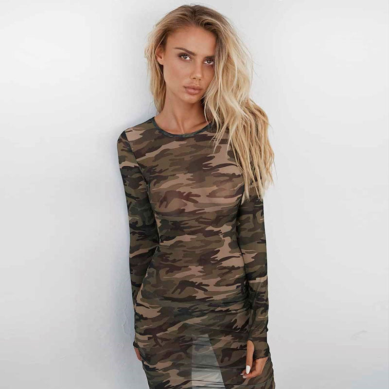 Timeless Mesh Camouflage Hot Sale Tight Sheer Waist Dress