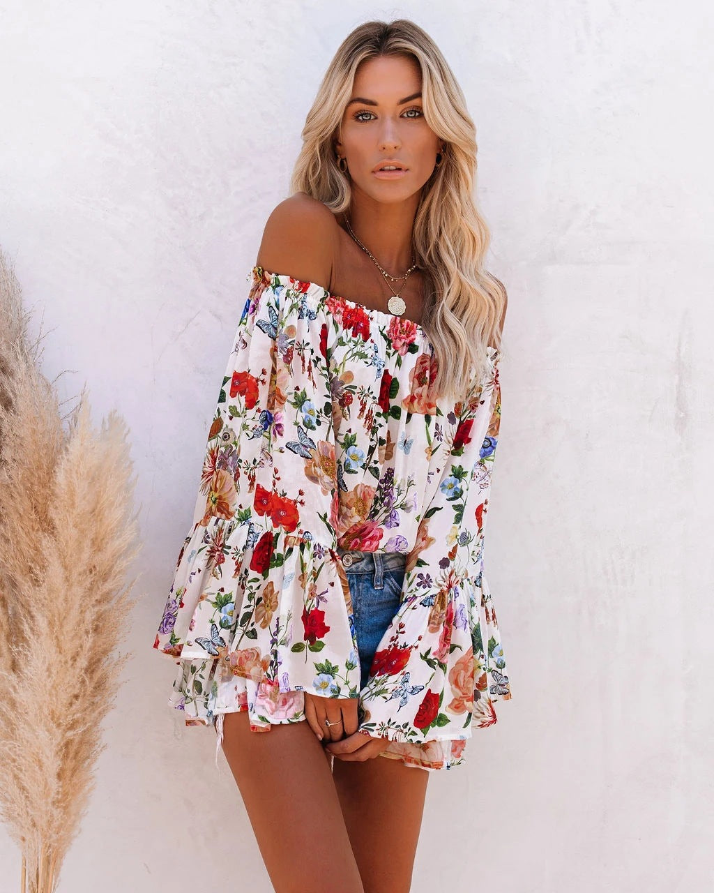 Printed one-shoulder blouse with flared sleeves All-match blouse