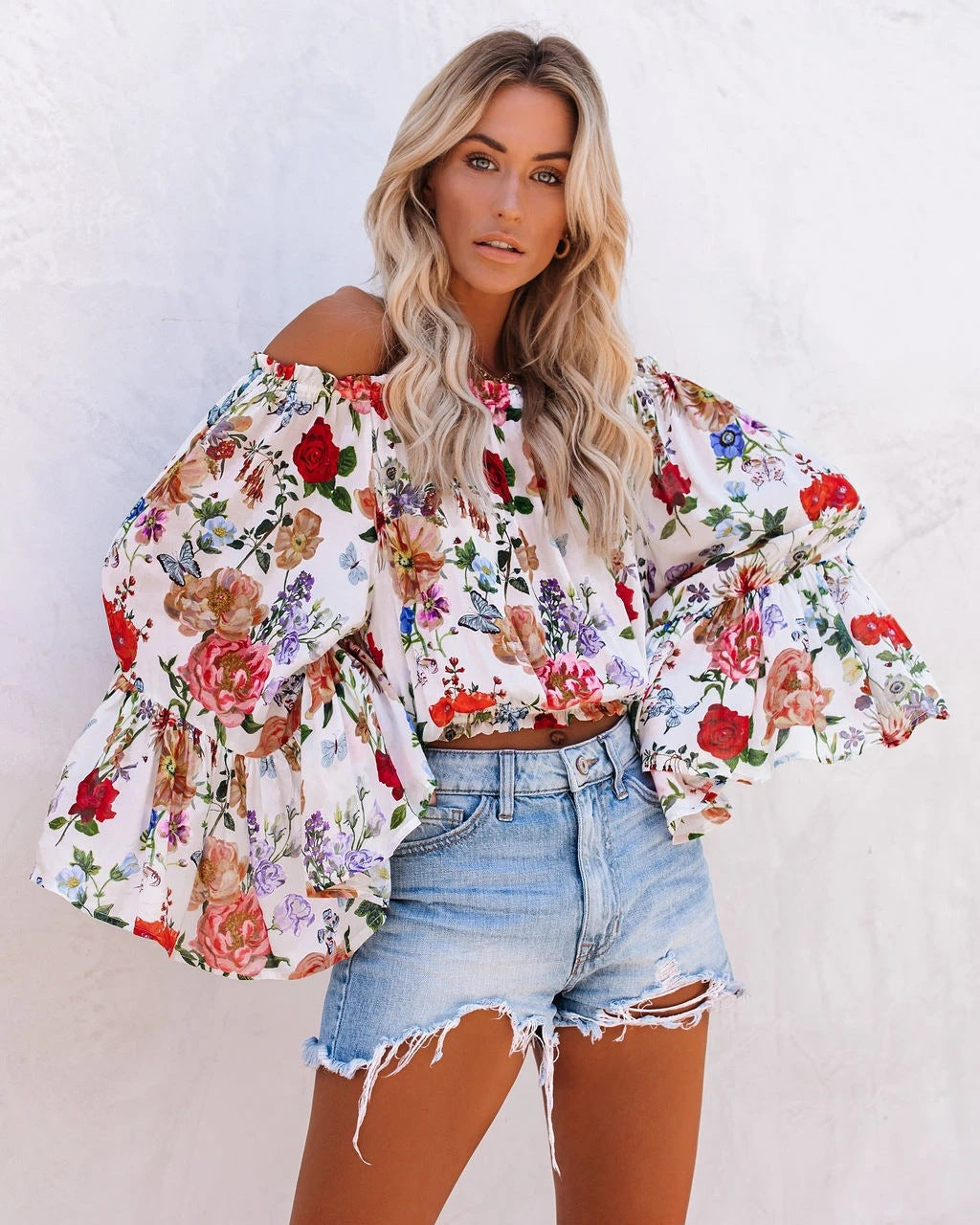 Printed one-shoulder blouse with flared sleeves All-match blouse