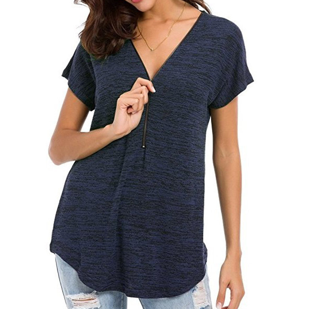 Classy new solid colour short sleeve zip women's blouse