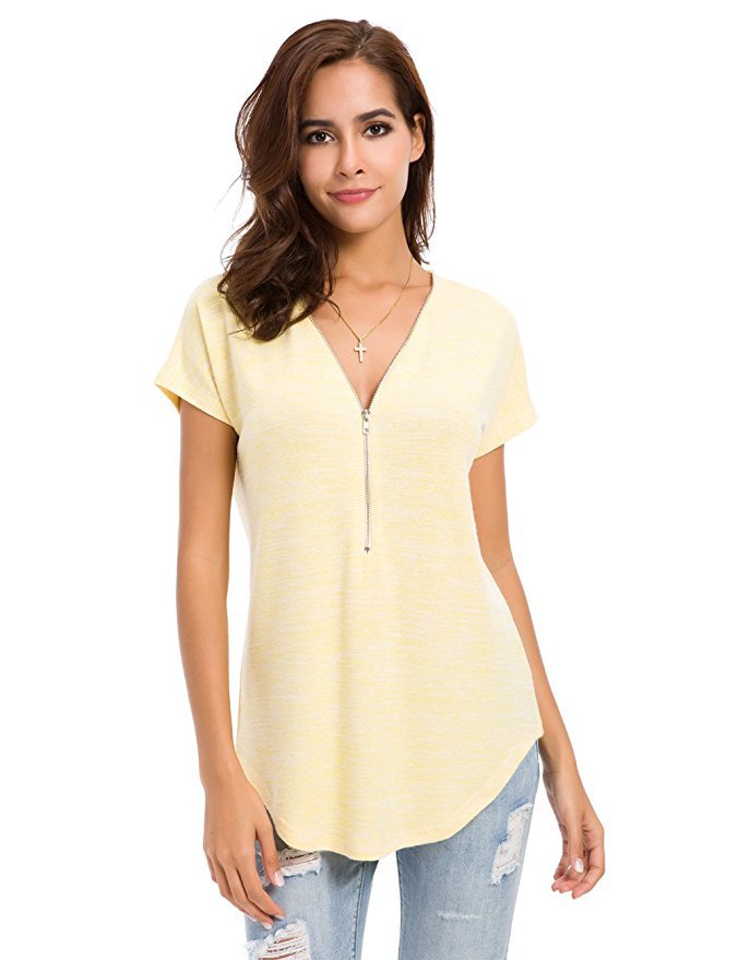 Classy new solid colour short sleeve zip women's blouse