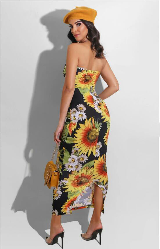 Casual Dress With Round Neck and Sunflower Print