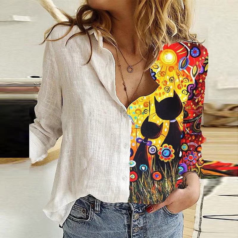 Cartoon Print Stitching Lapel Long Sleeve Button Blouse Women