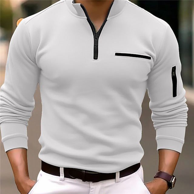 Long-sleeved sports polo shirt with stand-up collar and zip, single-coloured