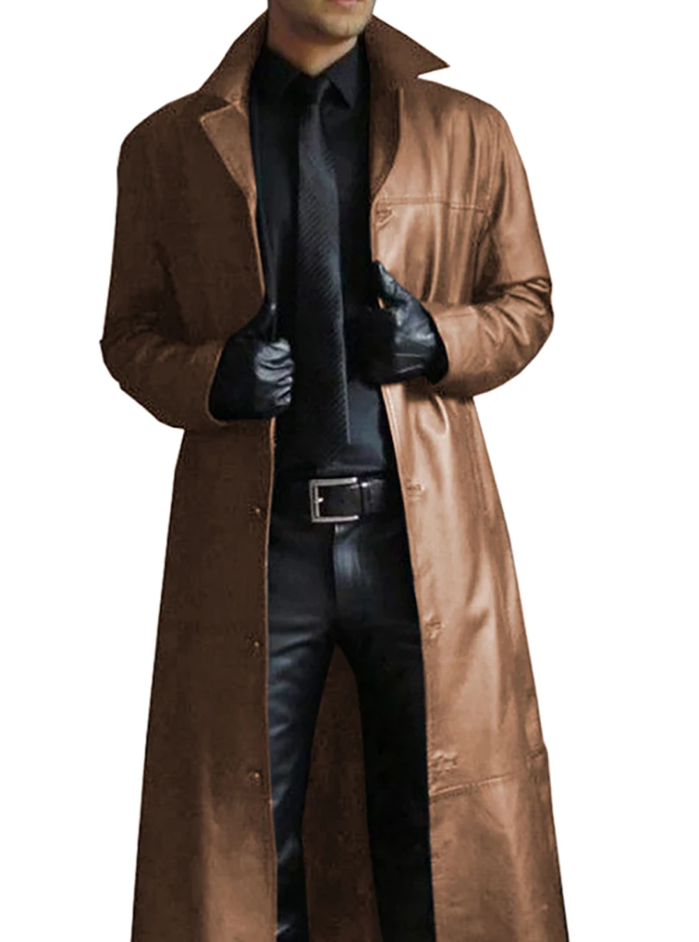 Long leather coat with classic lapels