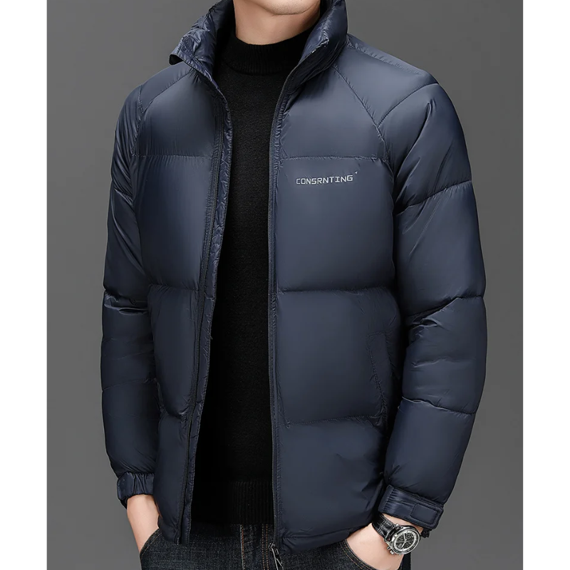 Men's puffer jacket with high collar and logo details