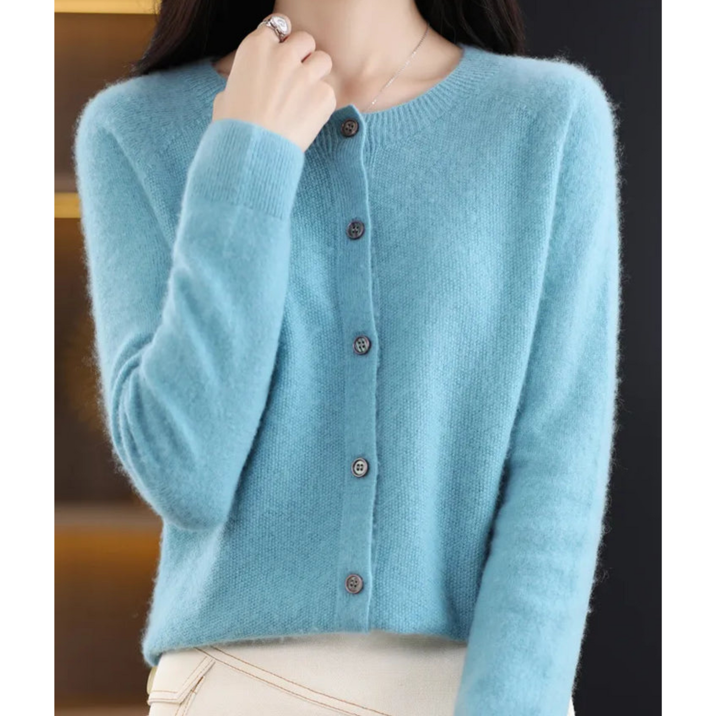 Wool Ladies O-neck Cardigan Cashmere Sweater