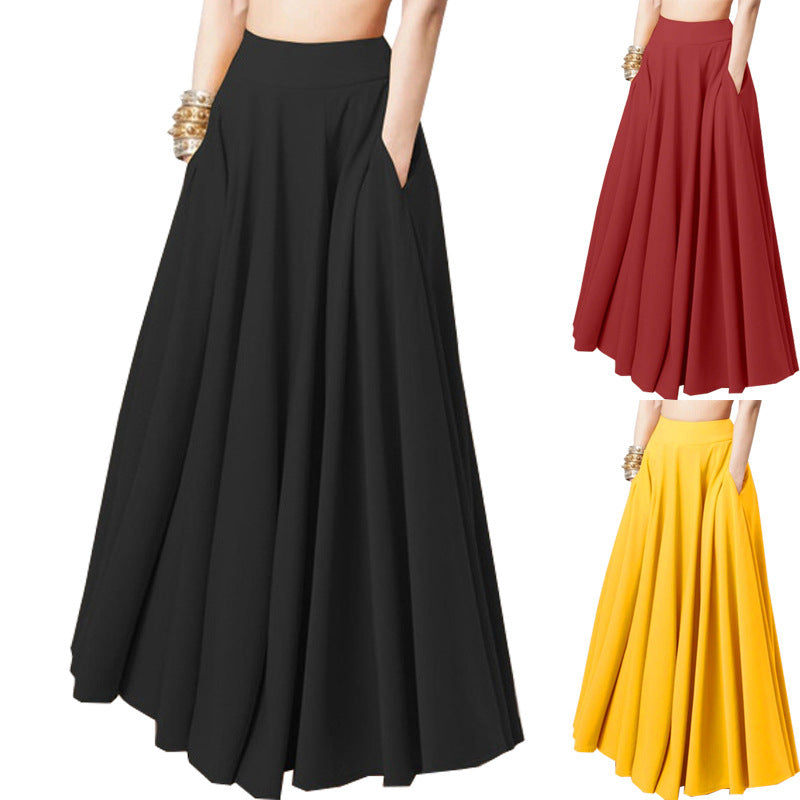 Plain-coloured half-length pleated skirt for women