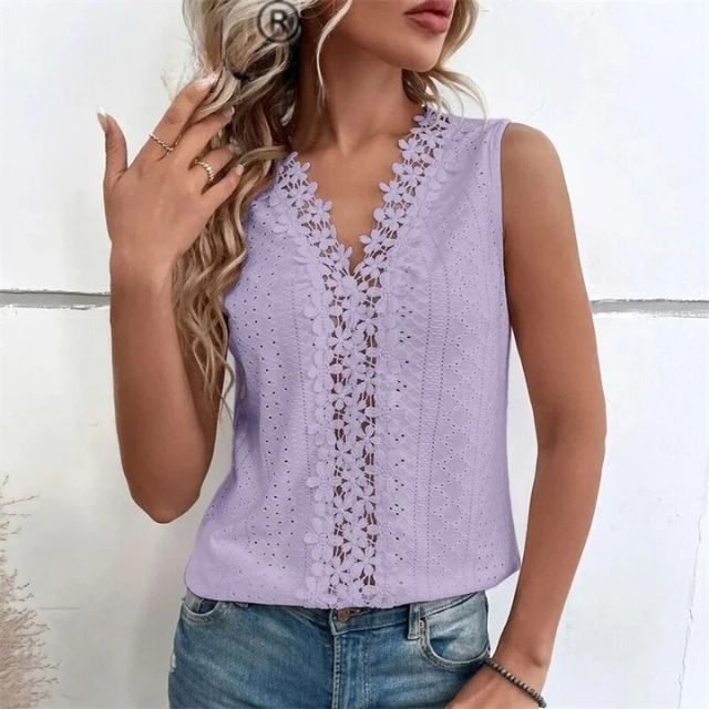 Sleeveless blouse with lace overlay