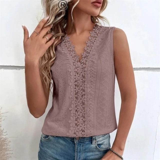 Sleeveless blouse with lace overlay