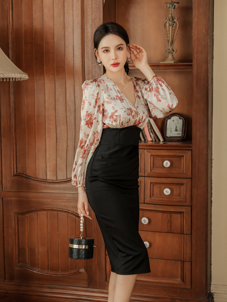 Fashionable Elegant Slim Printed Long Sleeve Dress