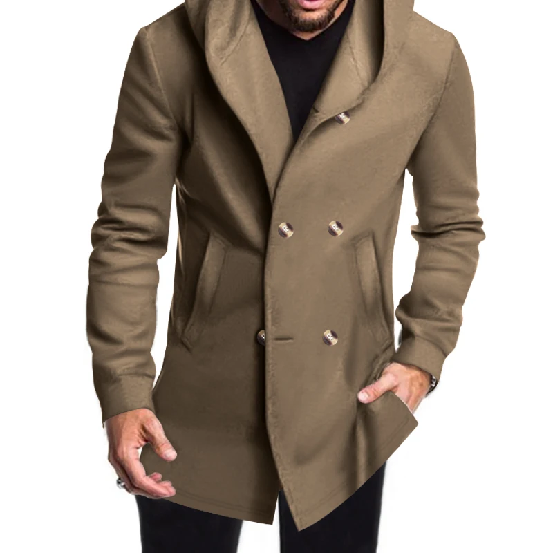 Double-buttoned coat with hood