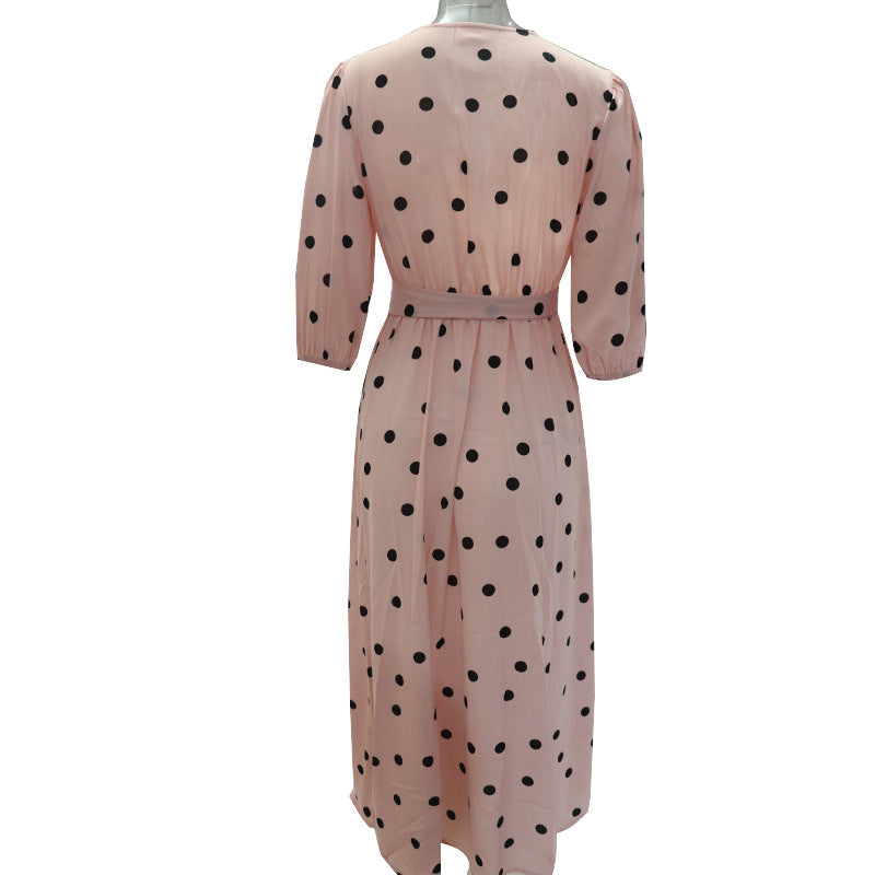 Polka dot elegant female puff sleeve v-neck dress