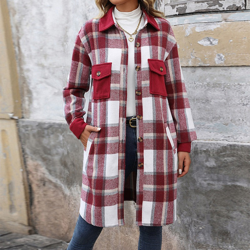 Women - Long Jacket - Checked Design with Pockets - Casual Everyday Outerwear