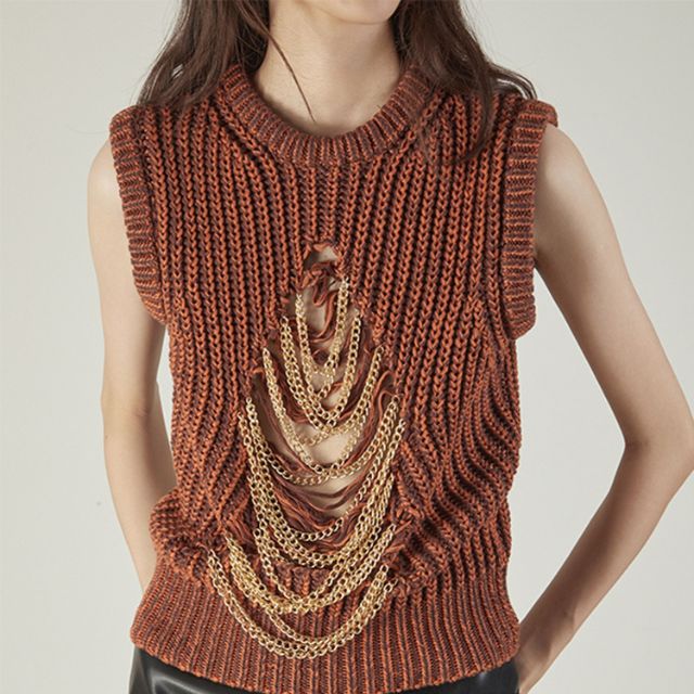 Knitted waistcoat with chain embellishment