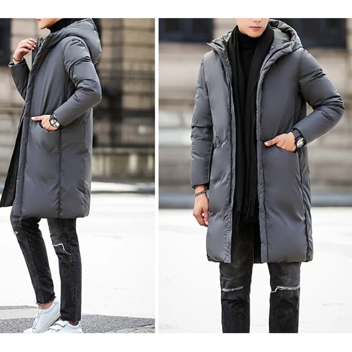 Men's parka winter jacket long cut with hood and pockets