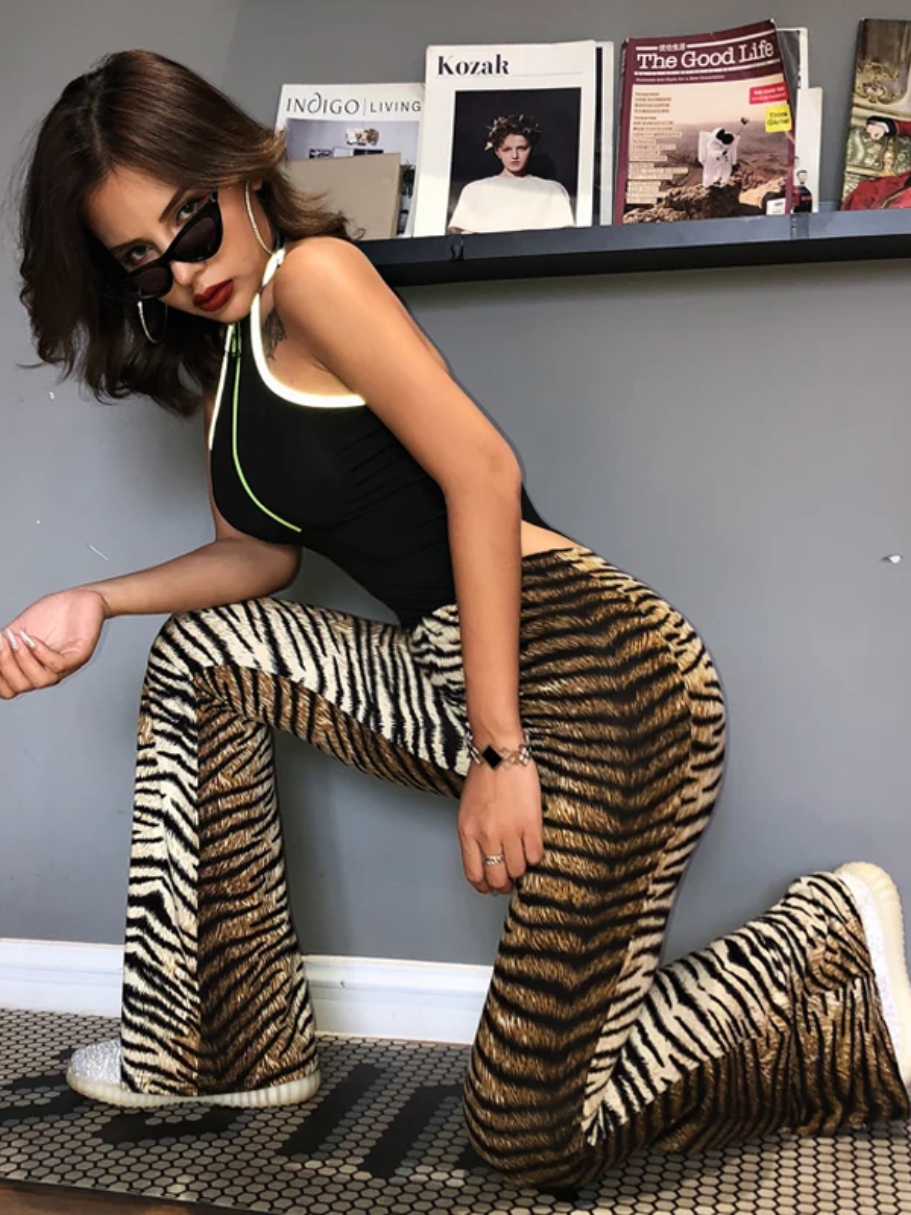 Women's leopard print flared trousers with high waist