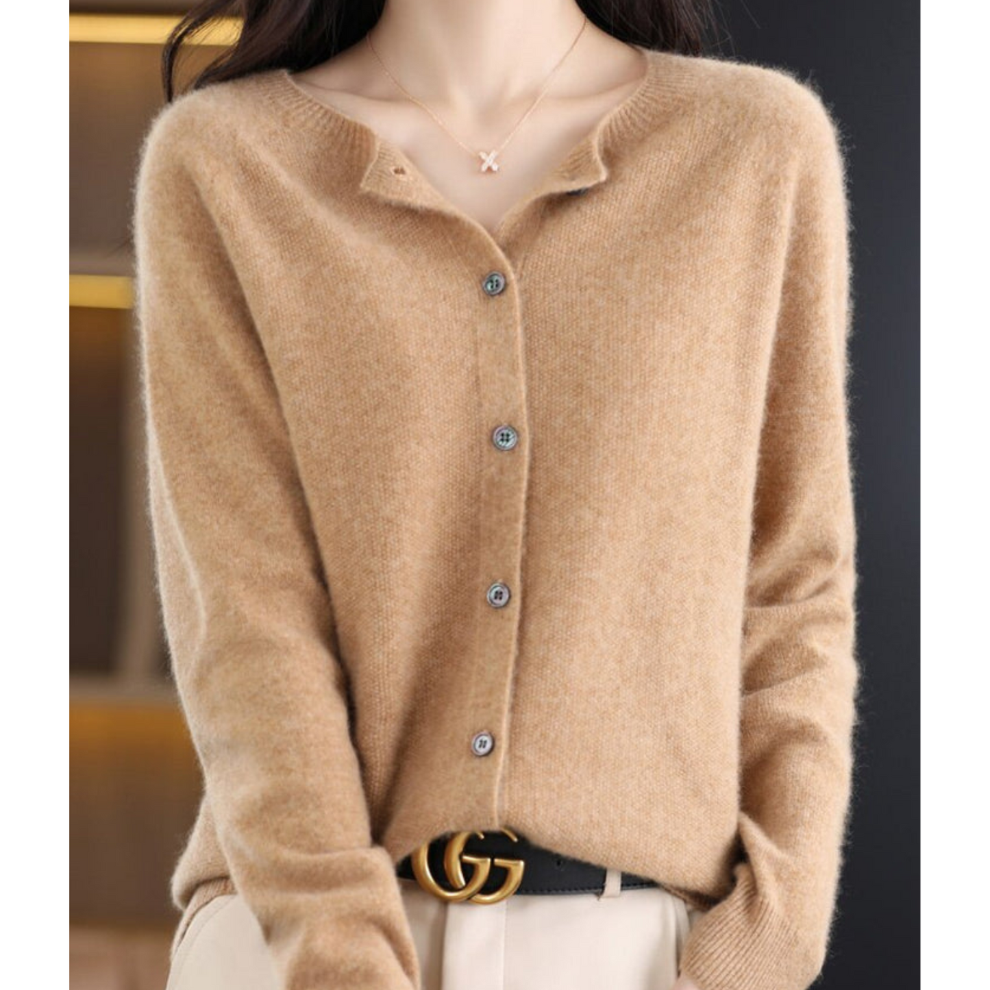 Pure Merino Wool Ladies O-neck Cardigan Cashmere Sweater