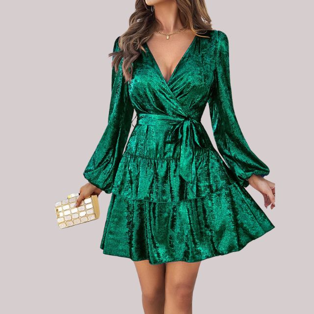 Velvet wrap dress with ruffled hem