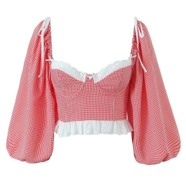 Chequered crop top with lace hem