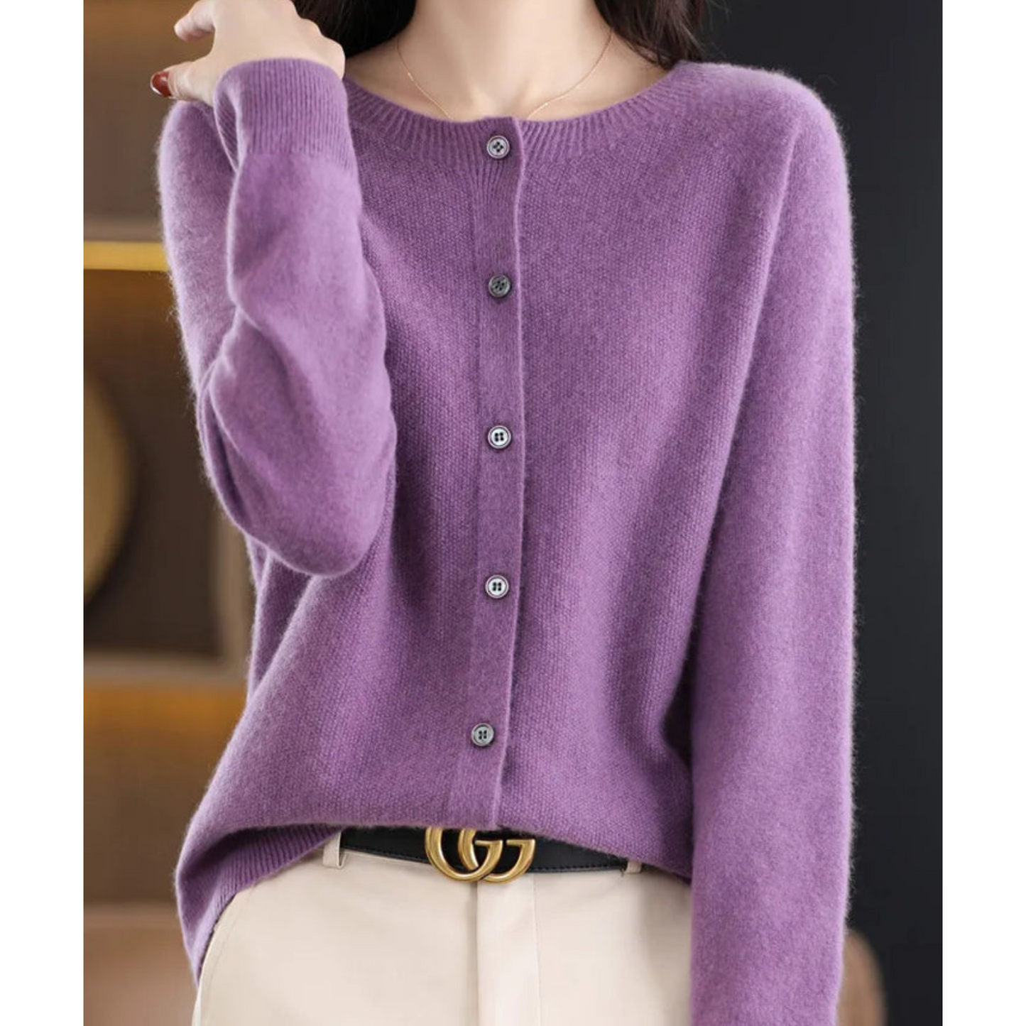 Pure Merino Wool Ladies O-neck Cardigan Cashmere Sweater